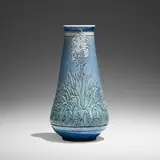 Early vase with yucca by Leona Nicholson for Newcomb College Pottery, 1907, glazed earthenware, sold Jan 2023