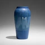 Scenic vase with live oaks, Spanish moss, and full moon by Sadie Irvine for Newcomb College Pottery, 1929, glazed earthenware, sold Jan 2023