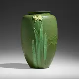 Exceptional vase with daffodils by Florence Liley for Grueby Faience Company, 1900-1908, glazed earthenware, sold Jan 2023