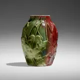 Mary Louise McLaughlin, Exceptional Losanti vase with grapevines, 1899-1914, hand-carved celadon and oxblood-glazed porcelain