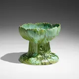 Exceptional Favrile Pottery coupe with frogs and water lilies by Tiffany Studios, 1904-14, Moss Green-glazed earthenware, sold Jan 2023