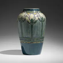 Leona Nicholson for Newcomb College Pottery, Early and Large vase with magnolias, 1905, glazed earthenware