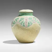 Grueby Faience Company, Important covered jar with moths, 1898-1910, glazed earthenware decorated in cloisonné