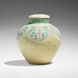 Grueby Faience Company, Important covered jar with moths, 1898-1910, glazed earthenware decorated in cloisonné