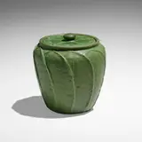 Rare tobacco jar with leaves by Grueby Faience Company, 1898-1910, glazed earthenware, sold Jan 2023