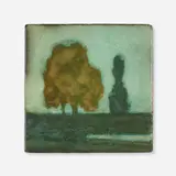 Rare scenic tile by Charles Volkmar for Volkmar Kilns, c. 1910, glazed earthenware, sold Jan 2023