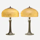 Mosserine table lamps, pair by Handel, c. 1910, molded "Chipped Ice" glass, patinated metal, sold Jan 2023