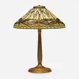 Dragonfly table lamp by Tiffany Studios, c. 1910, leaded glass, acid-etched, patinated and gilt bronze, sold Jan 2023