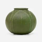 Vase with leaves by Grueby Faience Company, 1898-1910, glazed earthenware, sold Jan 2023