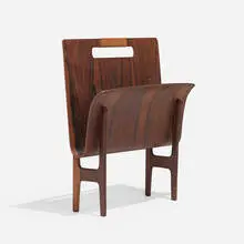 Magazine stand by Aksel Bender Madsen and Ejner Larsen, c. 1955, rosewood, cane, sold Jul 2025