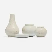 Gunnar Nylund, Collection of four vessels, c. 1935, glazed porcelain, glazed earthenware