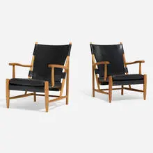 Göteborg 2 armchairs, pair by Erik Gunnar Asplund, 1983, ash, leather, sold Jul 2025