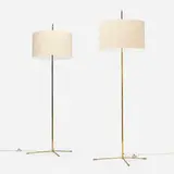 Floor lamps, pair by Svend Aage Holm-Sørensen, c. 1950, brass, linen shade, sold Jul 2025
