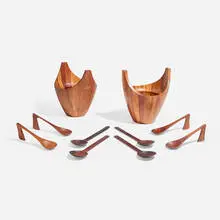 Jens Quistgaard, Mutenye Viking bowls model 1636, pair and four serving spoons, c. 1960, teak, rosewood