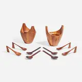 Jens Quistgaard, Mutenye Viking bowls model 1636, pair and four serving spoons