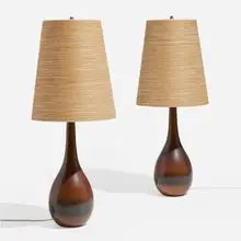 Table lamps, pair by Lotte and Gunnar Bostlund, c. 1960, glazed stoneware, twine, sold Jul 2025
