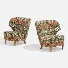 Carl-Johan Boman, Lounge chairs, pair, c. 1945, velvet upholstery, walnut