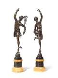 Giambologna, pair of late 19th / early 20th century French patinated bronze and Sienna style yellow marble figures of Mercury and Fortuna, patinated bronze