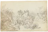 Johannes Riepenhausen, Herzog Erich der Ältere von Calenberg rettet Kaiser Maximilian in der Schlacht bei Regensburg. Vor 1834, Feder in Braun über Bleistift, laviert, auf Velin