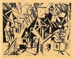 Sächsisches Dorf by Lyonel Feininger, 1918, Holzschnitt auf bräunlichem Japan, sold Nov 2014