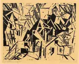 Lyonel Feininger, Sächsisches Dorf, 1918, Holzschnitt auf dünnem bräunlichen Japan