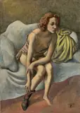 August Wilhelm Dressler, Mädchen am Bett“. 1927, übermalt 1928, Öl auf Leinwand. Doubliert