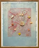 Martin Kippenberger, Ohne Titel, 1991, Kaltnadel in Rot auf handgeschöpftem, indigo-gefärbtem Nepali-Papier, im Künstlerrahmen mit auf der Acrylglasscheibe applizierten Plastikobjekten