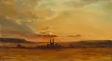 Robert Kummer, Das Kloster Metten bei untergehender Sonne, 1859, Öl auf Papier, auf Pappe aufgezogen