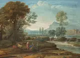 Carl Ludwig Kaaz, Ideallandschaft mit Hirtenpaar, 1797, Gouache auf Papier, auf Hartfaser aufgezogen