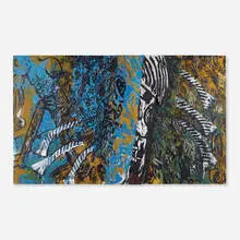 Landscape with Single Figure and Wood Relief by John Sonsini, 1982, acrylic on wood and woodcut relief, offered Jul 2022