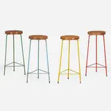 Stools from the College of Architecture, Chandigarh, set of four by Pierre Jeanneret, c. 1960, teak, enameled steel, offered Feb 2022