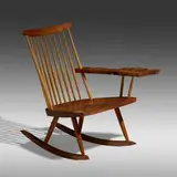 Mira Nakashima, Lounge Rocker with Left Arm, 1994, American black walnut, myrtle burl, hickory