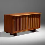 Special chest by George Nakashima, 1966, cherry, pandanus cloth, sold Sep 2022