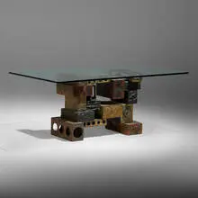 Skyline dining table by Paul Evans, 1973, welded, polychromed, and patinated steel, glass, sold Sep 2022