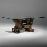 Skyline dining table by Paul Evans, 1973, welded, polychromed, and patinated steel, glass, sold Sep 2022