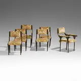 Sculpted Bronze chairs, set of six by Paul Evans, c. 1973, bronzed resin over steel, upholstery, sold Sep 2022