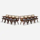 Office Cane chairs from Chandigarh, set of eight by Pierre Jeanneret, c. 1960, teak, cane, upholstery, sold Sep 2022