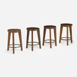 Stools from Punjab University, Chandigarh, set of four by Pierre Jeanneret, c. 1965, teak, enameled steel, sold Sep 2022