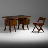 Desk and chair from Chandigarh by Pierre Jeanneret, c. 1960, teak, leather, cane, upholstery, aluminum, sold Sep 2022