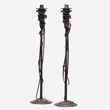 Tall candleholders, pair by Albert Paley, 2001, forged and fabricated steel with natural patina, brass, sold Sep 2022