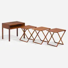 Illum Wikkelsø, Folding table set, c. 1960s, teak, brass