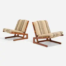 Jan Erik Lindgren, Lounge chairs, pair, c. 1975, teak, upholstery, saddle-stitched leather strap