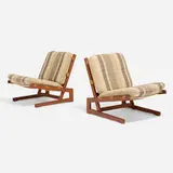 Jan Erik Lindgren, Lounge chairs, pair, c. 1975, teak, upholstery, saddle-stitched leather strap