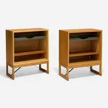 Cabinets, pair by Børge Mogensen, c. 1955, teak, oak, lacquered wood, enameled steel, sold Jul 2025