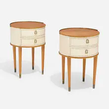 Halvdan Pettersson, Nightstands, pair, c. 1940, mahogany, stained beech, vinyl, brass