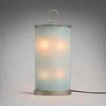 Pirellina table lamp, model 2781 by Gio Ponti, 1967 / 2018, textured glass, brushed aluminum, plastic, sold Jun 2025