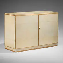 Cabinet by Modern, c. 1940, lacquered vellum over wood, sycamore, sold Jun 2025