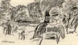 Max Liebermann, Gesellschaft im Garten des Künstlers am Wannsee. 1920er Jahre, Kreide auf Papier, auf Karton aufgezogen