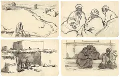 Emil Orlík, Orient / Reisen, Konvolut: 43 Zeichnungen und 57 Druckgraphiken, davon 2 mit Farbstift überarbeitet, auf verschiedenen Papieren. U.a. SKIZZENBUCH NILREISE (Heft mit Kreidezeichnungen, unvollständig). „STUDIEN AUS SPANIEN“ (Original-Pergamentkassette mit 8 (von 10) Li