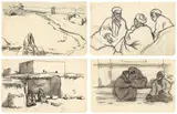 Emil Orlík, Orient / Reisen, Konvolut: 43 Zeichnungen und 57 Druckgraphiken, davon 2 mit Farbstift überarbeitet, auf verschiedenen Papieren. U.a. SKIZZENBUCH NILREISE (Heft mit Kreidezeichnungen, unvollständig). „STUDIEN AUS SPANIEN“ (Original-Pergamentkassette mit 8 (von 10) Li